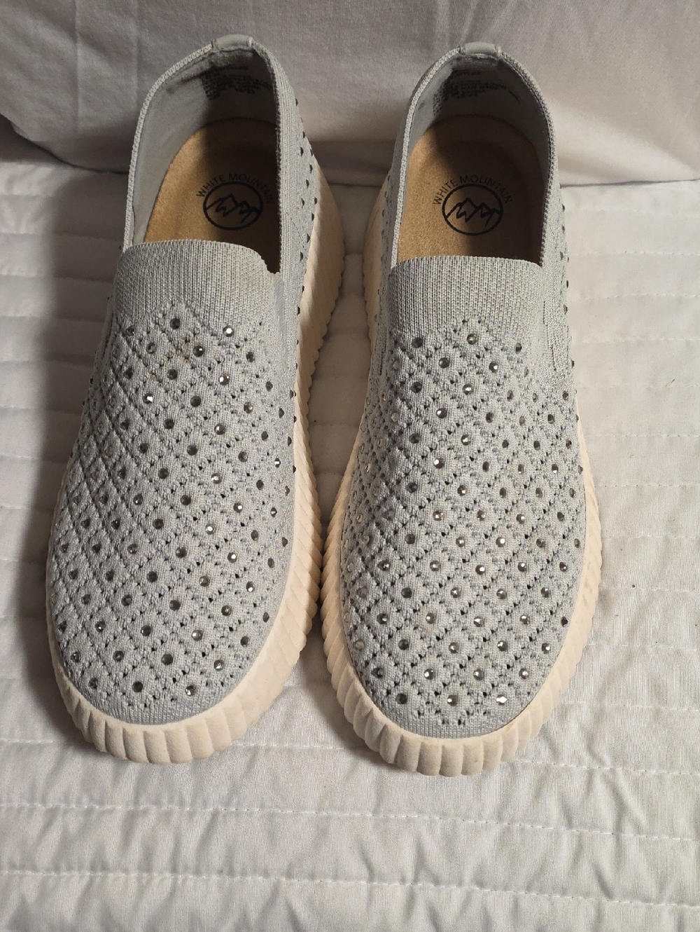 White Mountain Silver-Gray Slip-On Knit Sneakers with Rhinestones